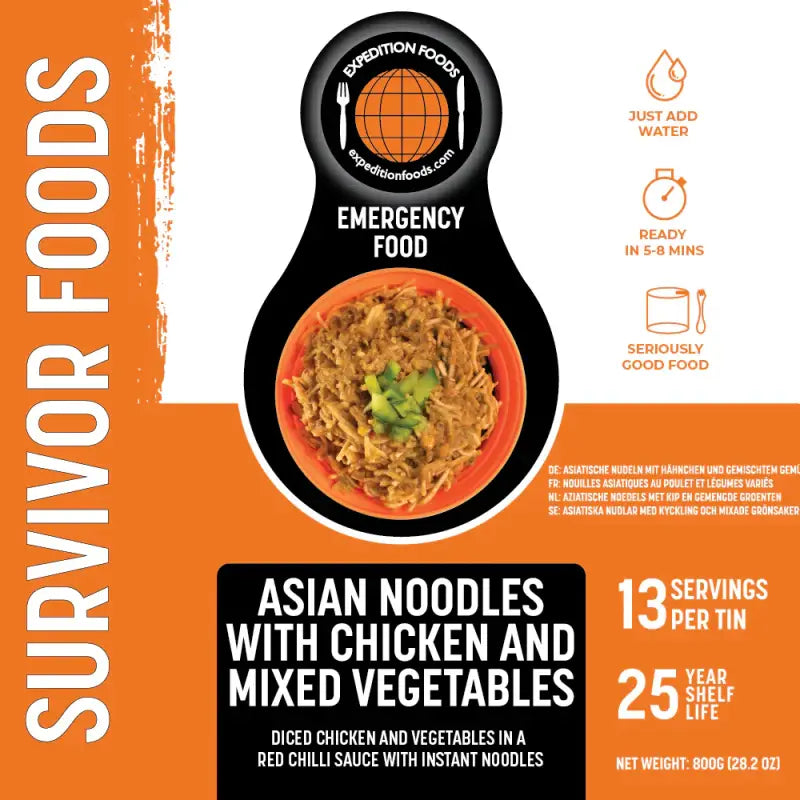 Asian Noodles with Chicken and Mixed Vegetables Tins - 25 Year Shelf Life - Freeze Dried Food