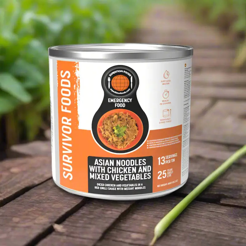 Asian Noodles with Chicken and Mixed Vegetables Tins - 25 Year Shelf Life - Single 1000g Tin - Freeze Dried Food