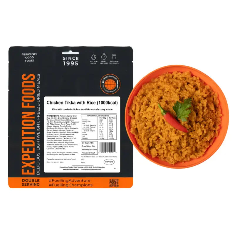 Chicken Tikka with Rice Pouches - Single 1000Kcal Pouch - Freeze Dried Food