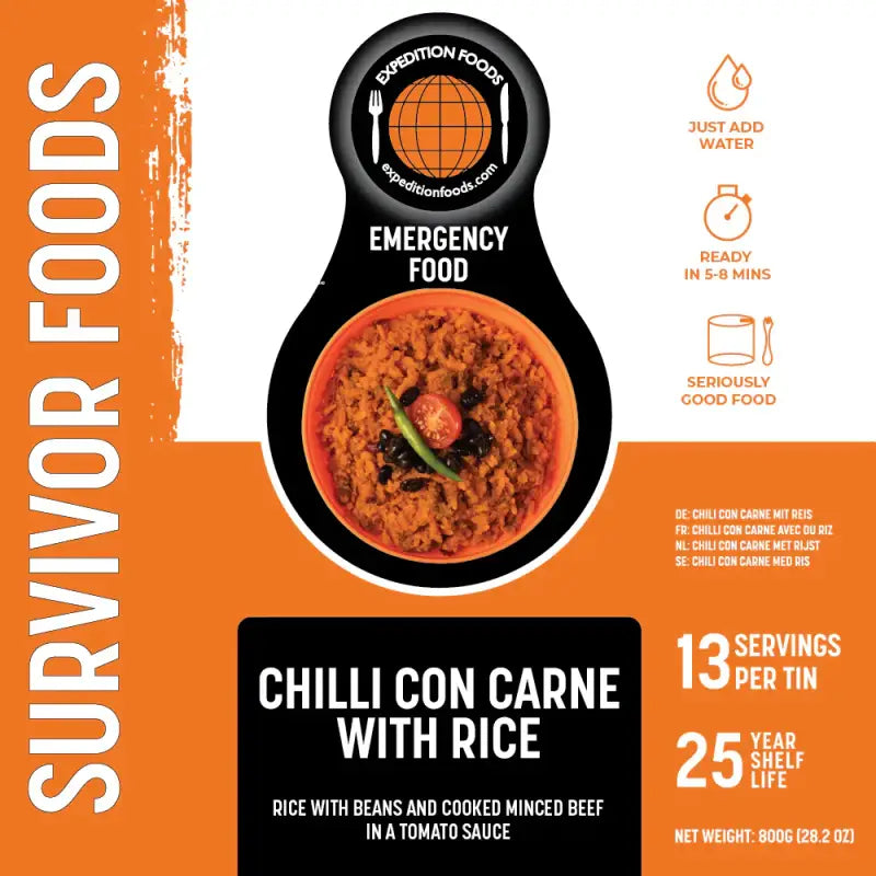 Chilli Con Carne with Rice Tins - 25 Year Shelf Life - Freeze Dried Food