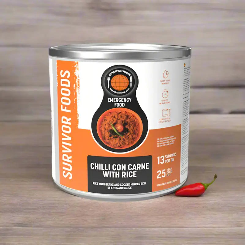 Chilli Con Carne with Rice Tins - 25 Year Shelf Life - Single 800g Tin - Freeze Dried Food