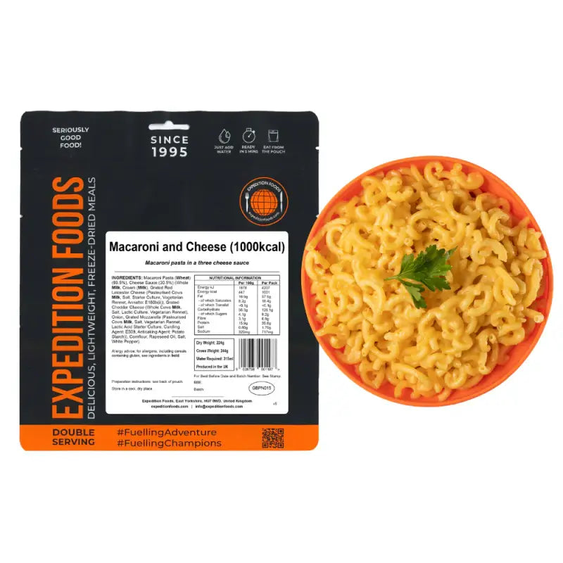 Freeze Dried Macaroni and Cheese with Vegetarian Rennet and Pasteurised Milk - Single 1000Kcal Pouch - Freeze Dried Food