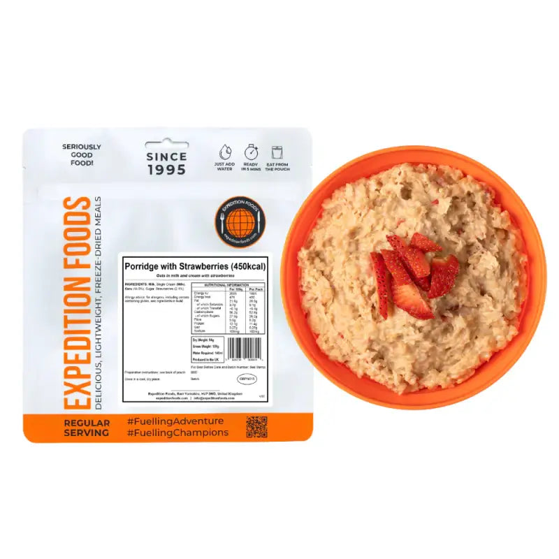 Freeze Dried Porridge Oats with Strawberry Pouches - Long Shelf Life - Single 450Kcal Pouch - Freeze Dried Food