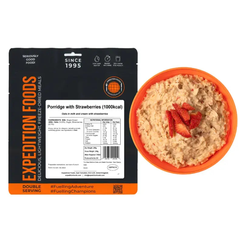 Freeze Dried Porridge Oats with Strawberry Pouches - Long Shelf Life - Single 1000Kcal Pouch - Freeze Dried Food