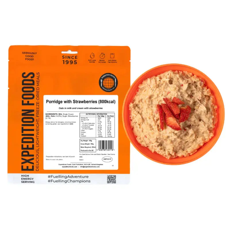 Freeze Dried Porridge Oats with Strawberry Pouches - Long Shelf Life - Single 800Kcal Pouch - Freeze Dried Food