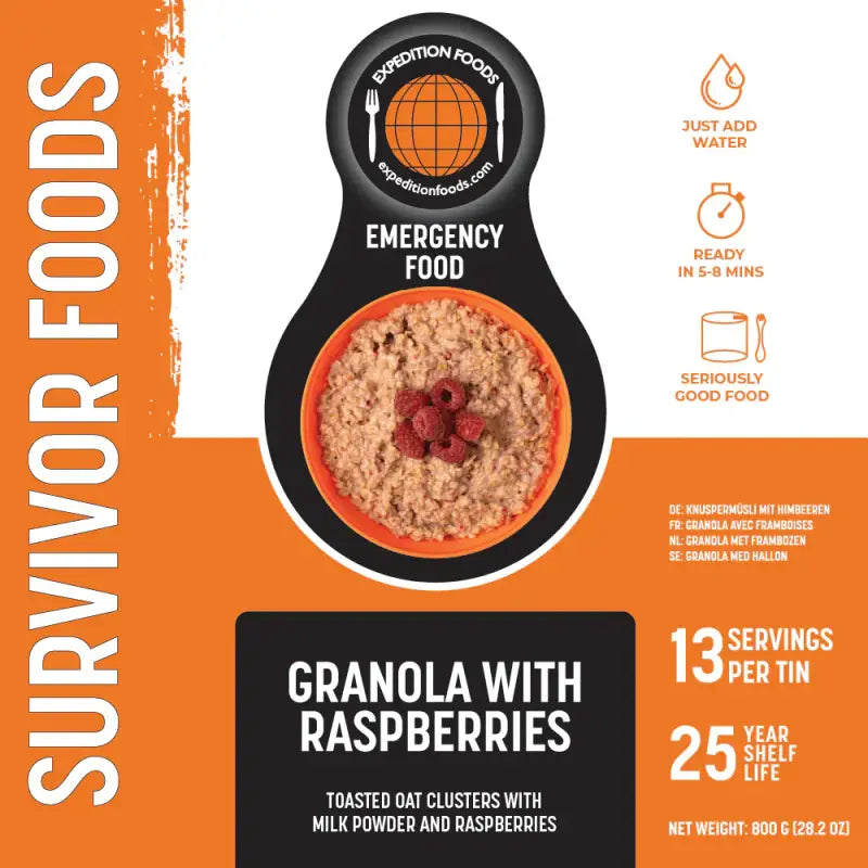 Granola with Raspberries Tins - 25 Year Shelf Life - Freeze Dried Food