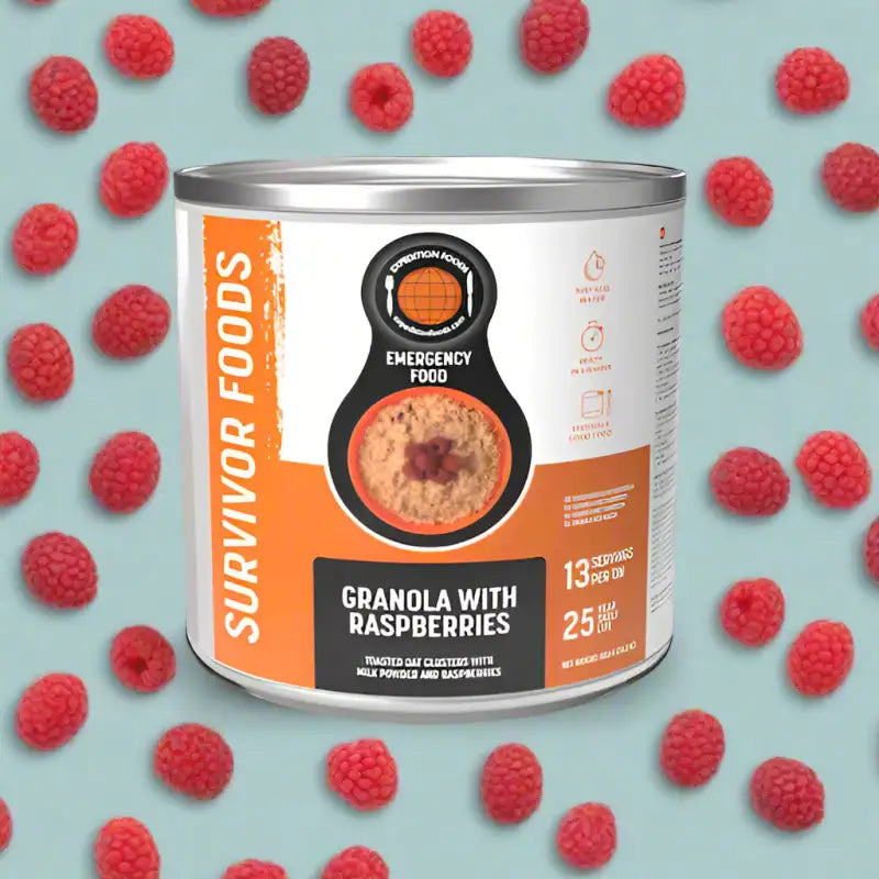 Granola with Raspberries Tins - 25 Year Shelf Life - Single 800g Tin - Freeze Dried Food