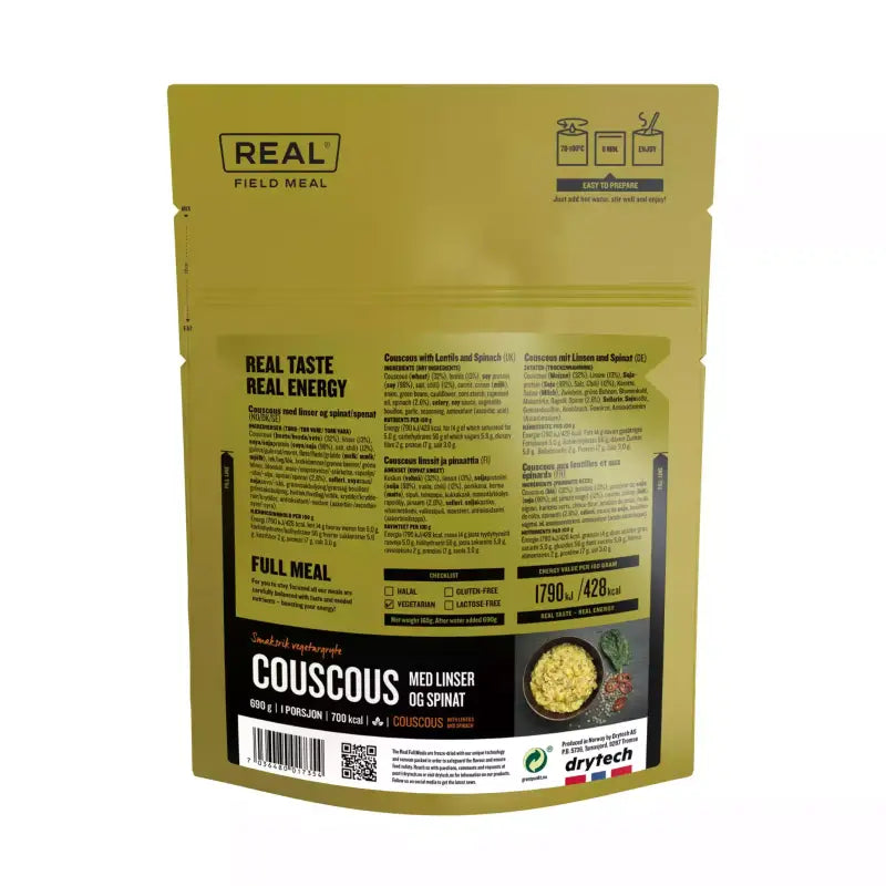 Real Field Meal - Couscous with Lentils and Spinach (700kcal) Pouches - BULK BUY - Freeze Dried Food