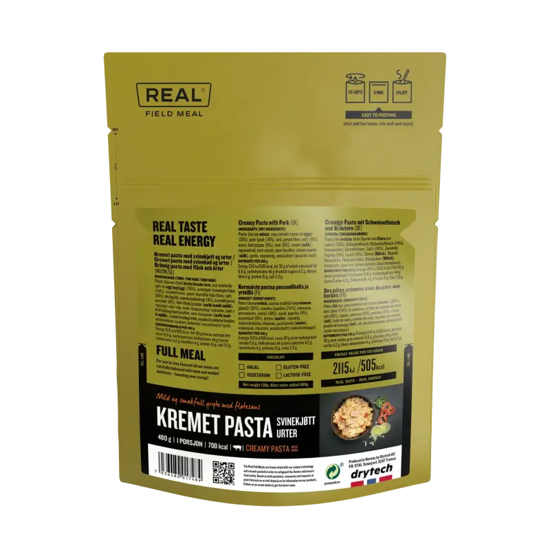 Real Field Meal - Creamy Pasta with Pork (700kcal) Pouches - BULK BUY - Freeze Dried Food