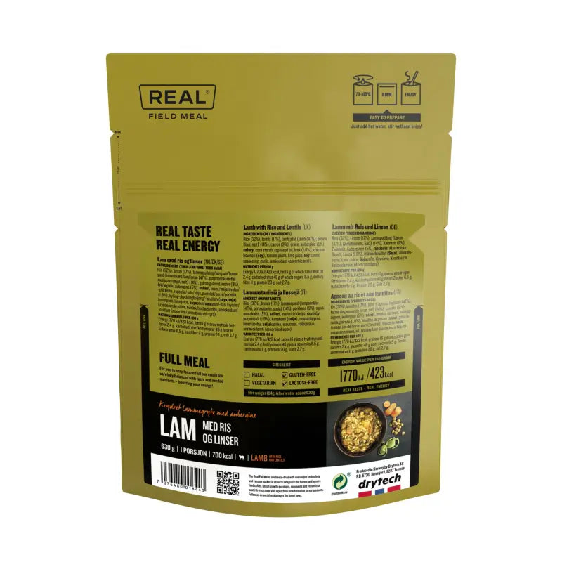 Real Field Meal - Lamb with Rice and Lentils (700kcal) Pouches - BULK BUY - Freeze Dried Food