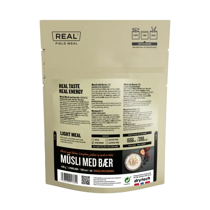 Real Field Meal - Muesli with Berries (700kcal) Pouches - BULK BUY - Freeze Dried Food