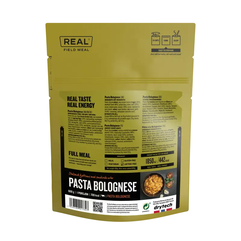 Real Field Meal - Pasta Bolognese (700kcal) Pouches - BULK BUY - Freeze Dried Food
