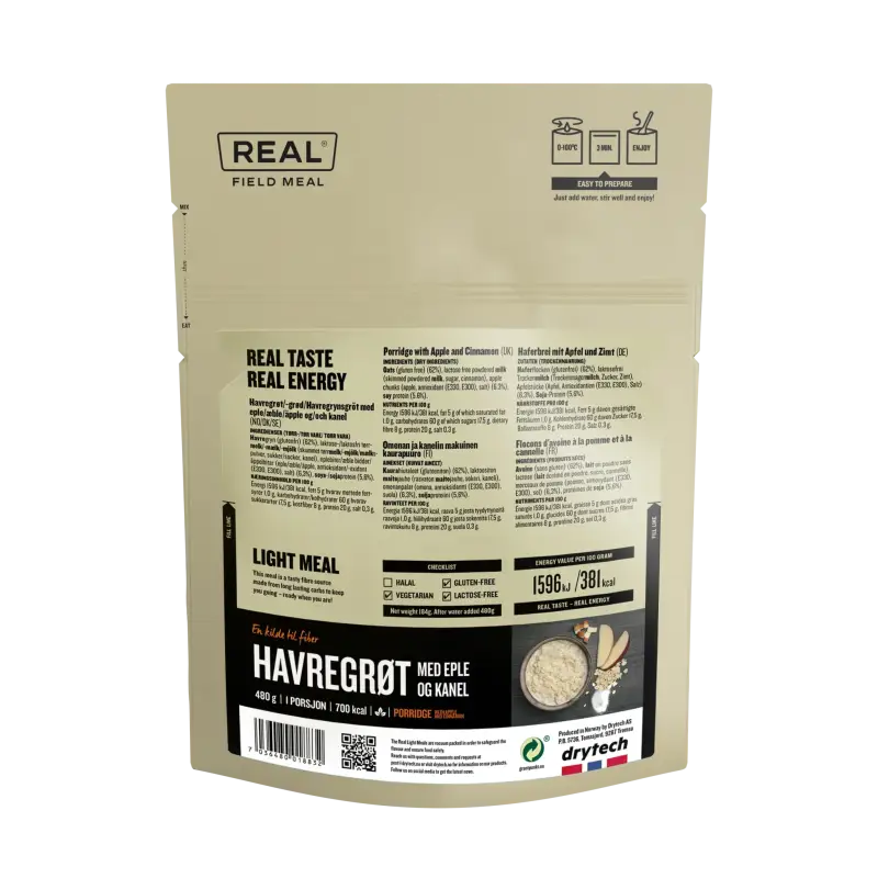 Real Field Meal - Porridge with Apple and Cinnamon (700kcal) Pouches - BULK BUY - Freeze Dried Food