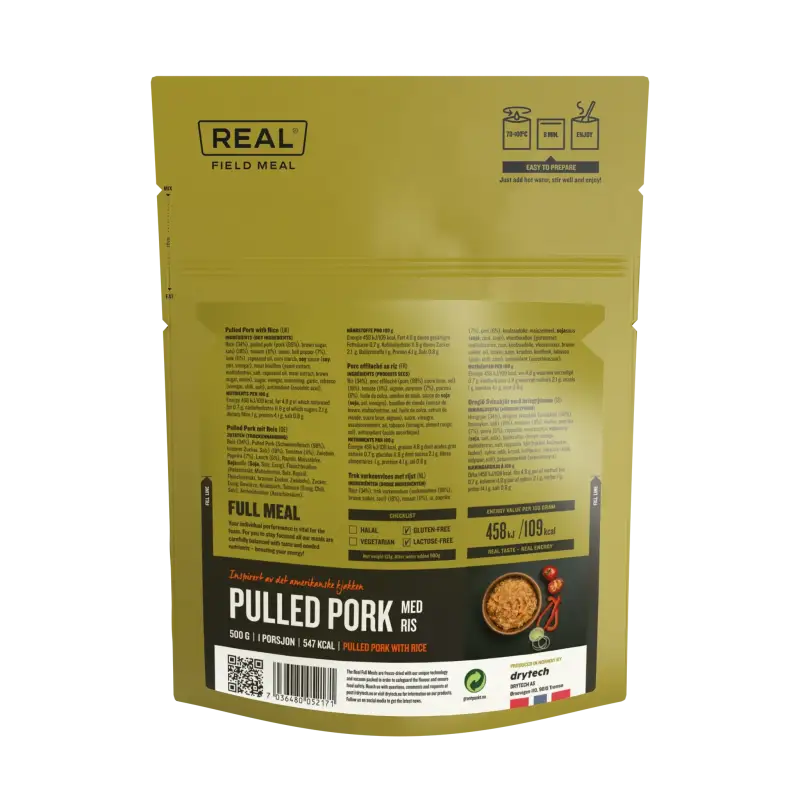 Real Field Meal - Pulled Pork with Rice (700 kcal) Pouches - BULK BUY - Freeze Dried Food