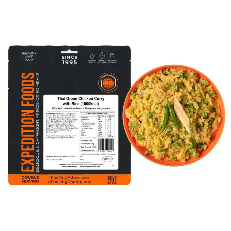 Thai Green Chicken Curry with Rice Pouches - Single 1000Kcal Pouch - Freeze Dried Food