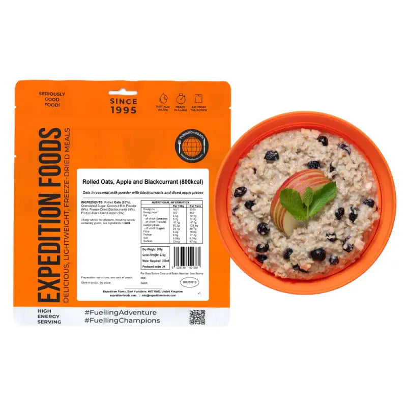 Vegan Rolled Oats Apple and Blackcurrant Pouches - Single 800Kcal Pouch - Freeze Dried Food