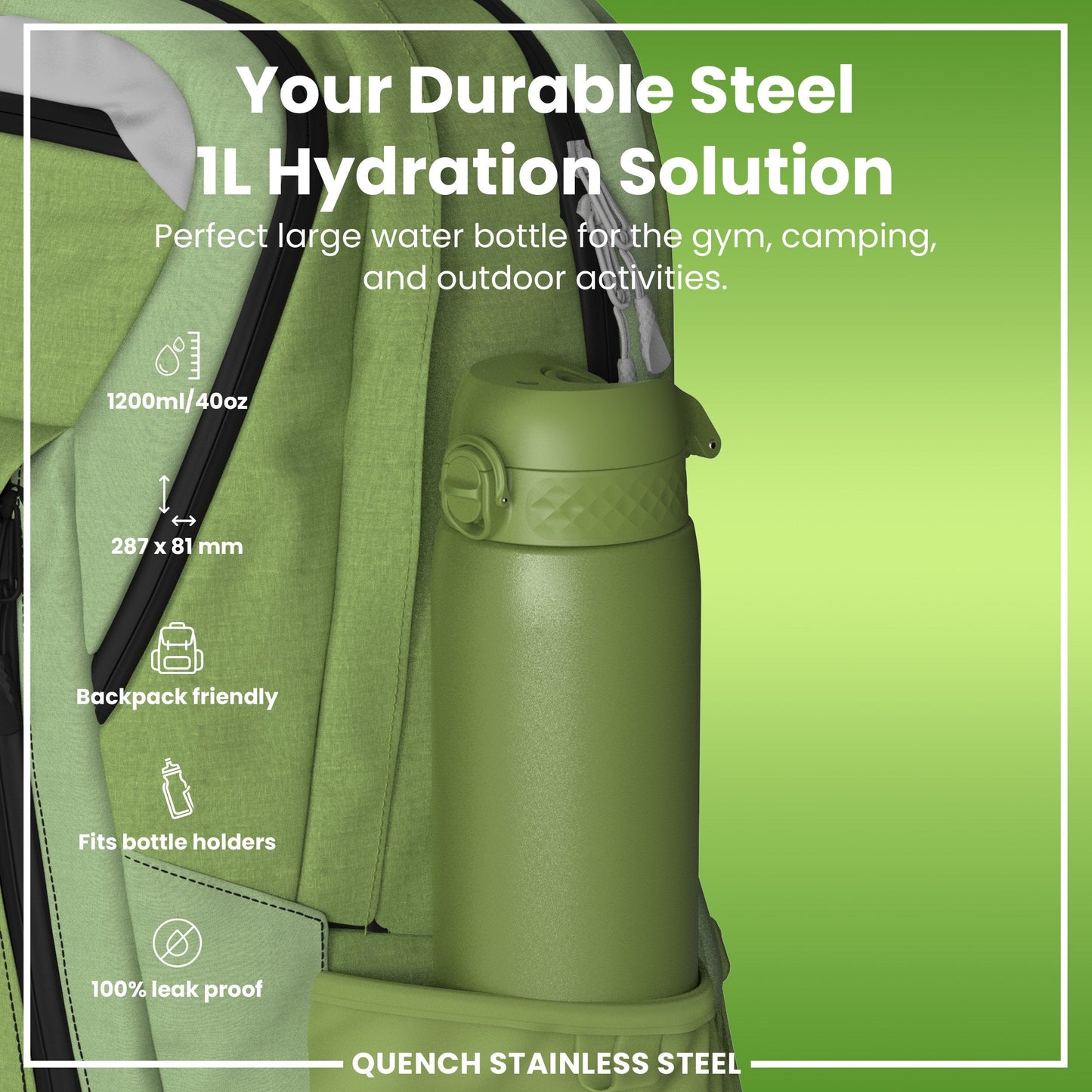 Leak Proof 1 Litre Water Bottle, Stainless Steel, Khaki Green, 1L