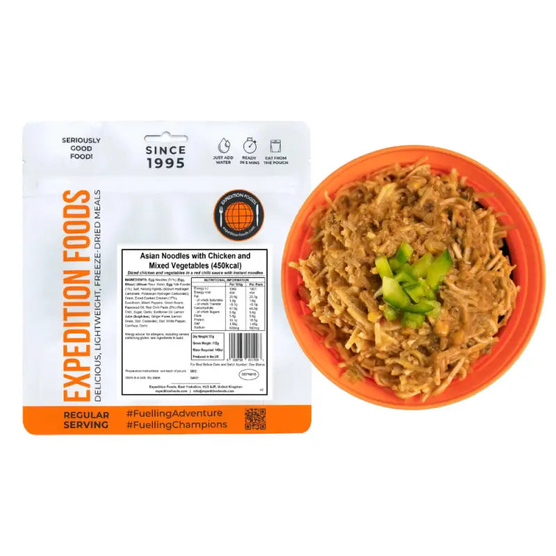 Asian Noodles with Chicken and Mixed Vegetables Pouches - Single 450Kcal Pouch - Freeze Dried Food