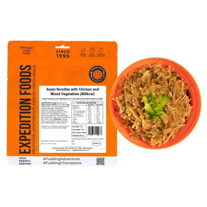 Asian Noodles with Chicken and Mixed Vegetables Pouches - Single 800Kcal Pouch - Freeze Dried Food